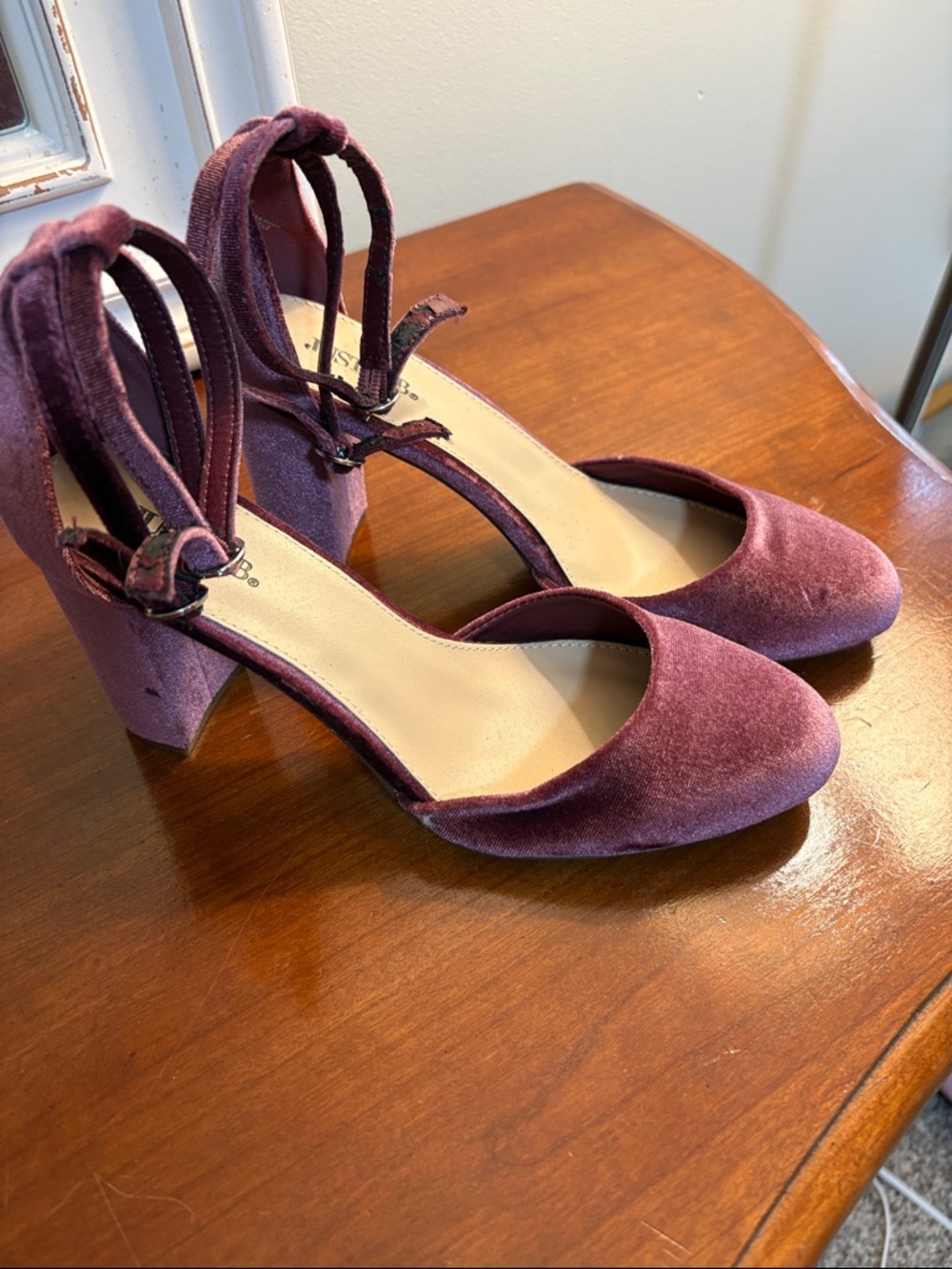 JustFab Velvet Ankle-Strap Block Heels in Plum 9